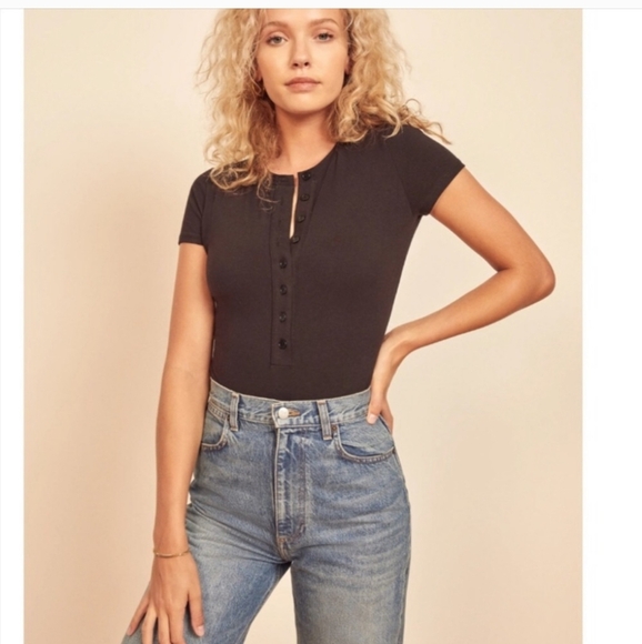 Reformation Leni black button down bodysuit - Picture 1 of 6